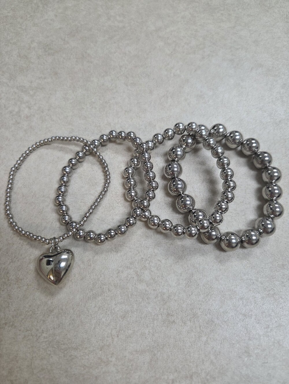 Silver Round Bead With Heart Charm 4 Bracelet Stack